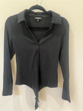 Express Black Long Sleeve Collared Henley Top